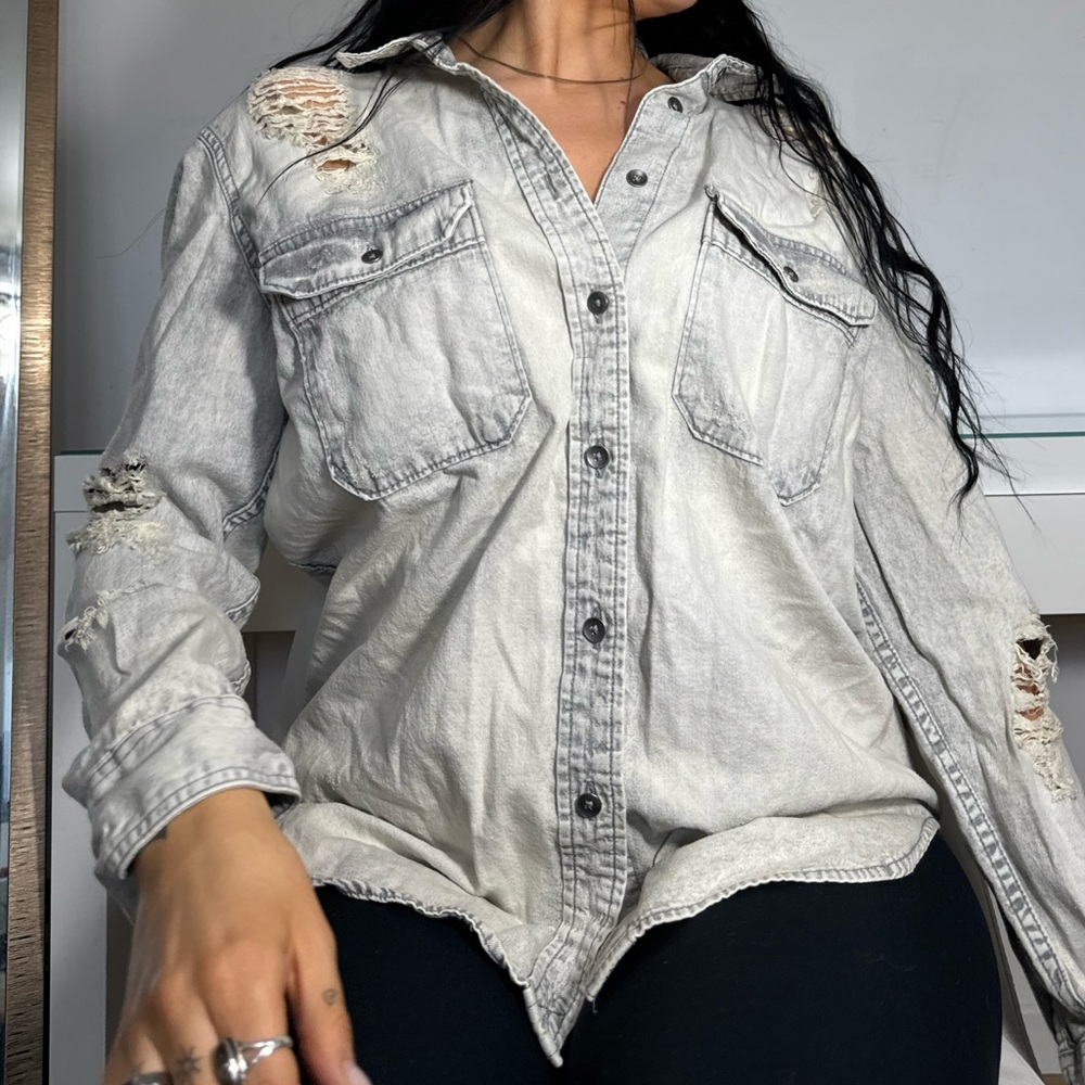 Distressed oversized jean button down shirt